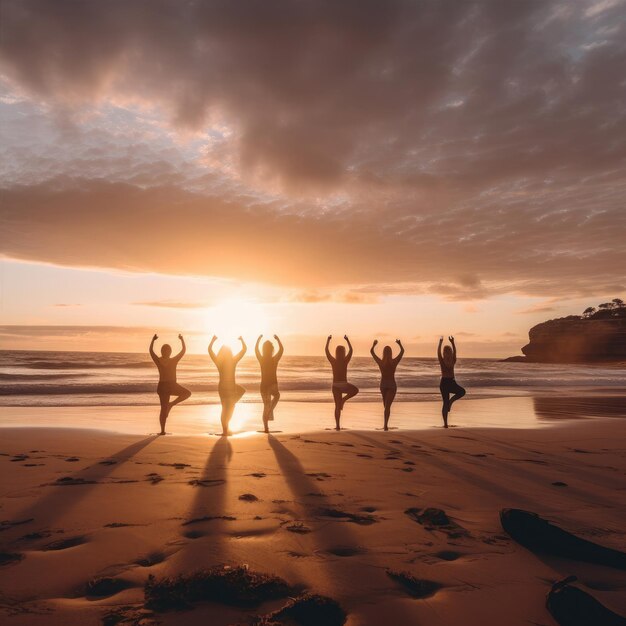 Силуэты девушек, занимающихся йогой на песке закатного пляжа с серфингом и солнцем