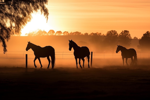 Silhouettes of graceful horses in field at dawn Generative AI