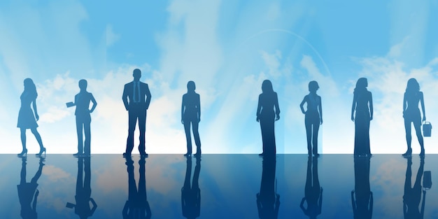 Photo silhouettes of group of business people standing in line on sky blue background
