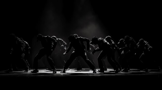 Silhouettes of a group of dancers in a dark background