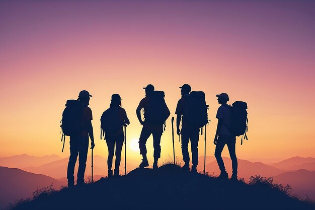 Silhouettes of group hikers people with backpacks enjoying sunset view from top of a mountain travel concept vintage filtered image