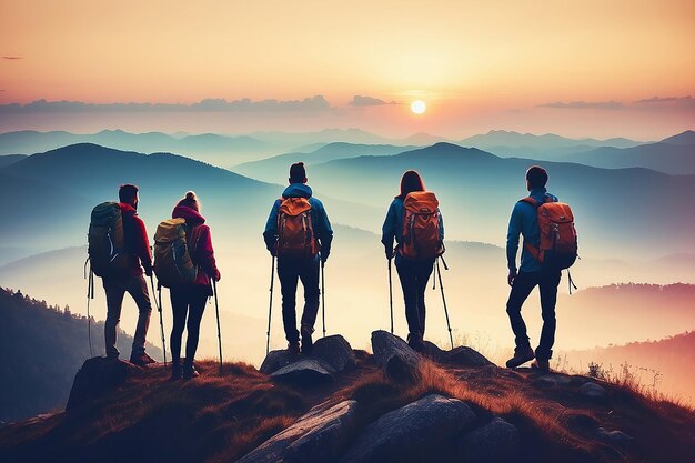 산악 여행 컨셉의 꼭대기에서 해가 지는 풍경을 즐기는 배을 가진 그룹 하이커의 실루 빈티지 필터링 이미지