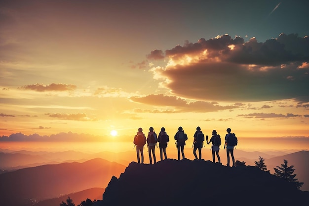 Silhouettes of group hikers people with backpacks enjoying sunset view from top of a mountain travel concept vintage filtered image