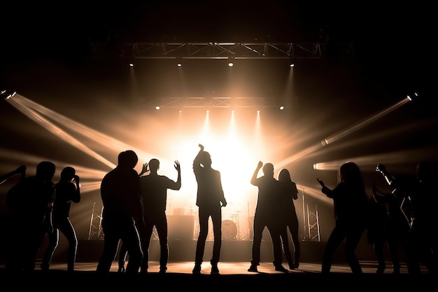 Silhouettes of a group of people in a concert crowd in front illustration Ai generative