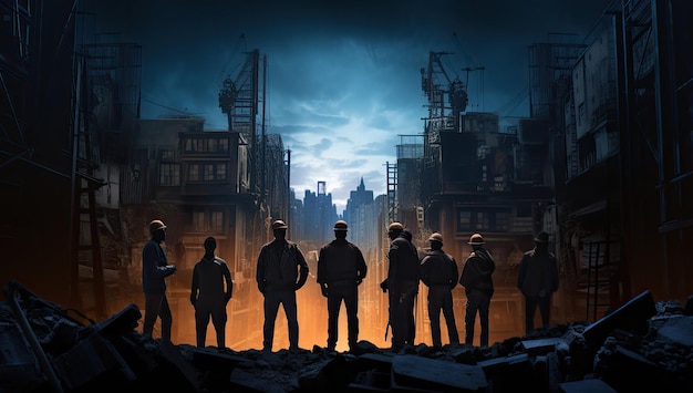 Silhouettes of a group of workers against the background of a large city