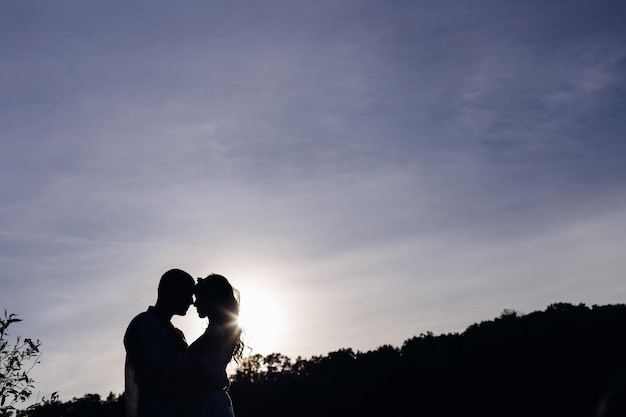 Silhouettes of guy and girl on the background of the sky and trees profile