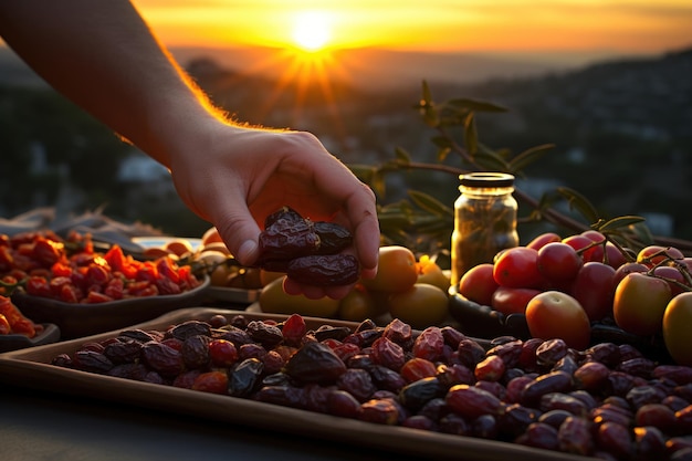 Photo silhouettes of hands harvesting fresh dates against the backdrop of a stunning sunset islamic images