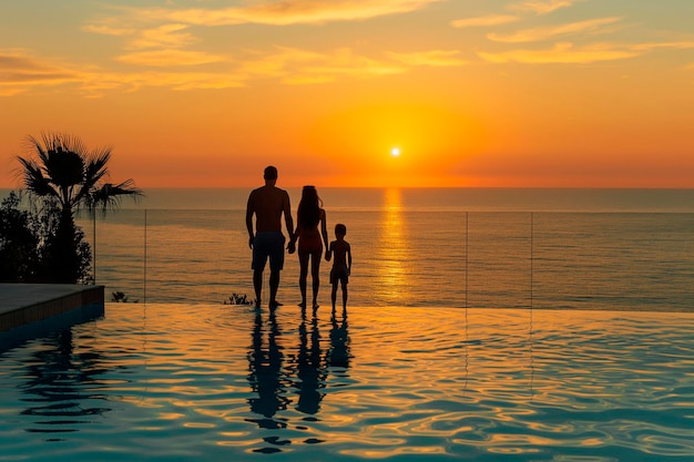 Silhouettes of a happy family during the summer holidays standing by the pool