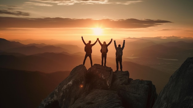 Silhouettes of happy friends with raised hands standing on top of a mountain during sunsetgenerative ai