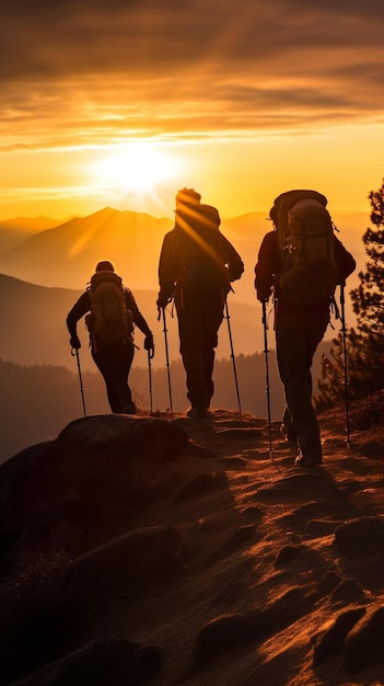 silhouettes of hikers walking on a mountain trail with the sun behind them