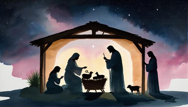 Silhouettes of the Holy Family at Christmas