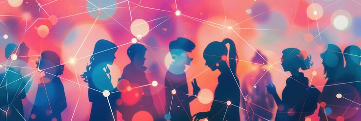 Silhouettes of influencers and followers against a colorful vibrant background represent the interconnected nature of social media Generative AI