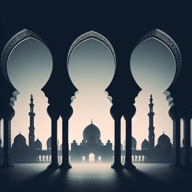 Silhouettes of Islamic Arches in Monochromatic Tone Against Gradient Sky for Serene Atmosphere