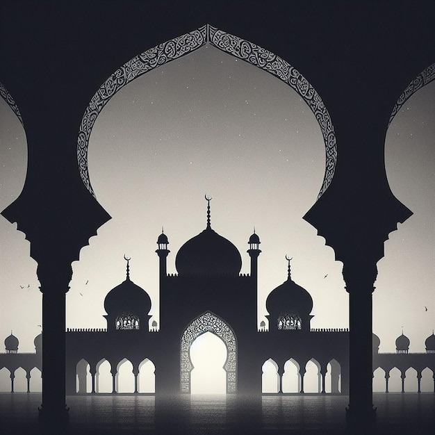 Silhouettes of Islamic Arches in Monochromatic Tone Against Gradient Sky for Serene Atmosphere