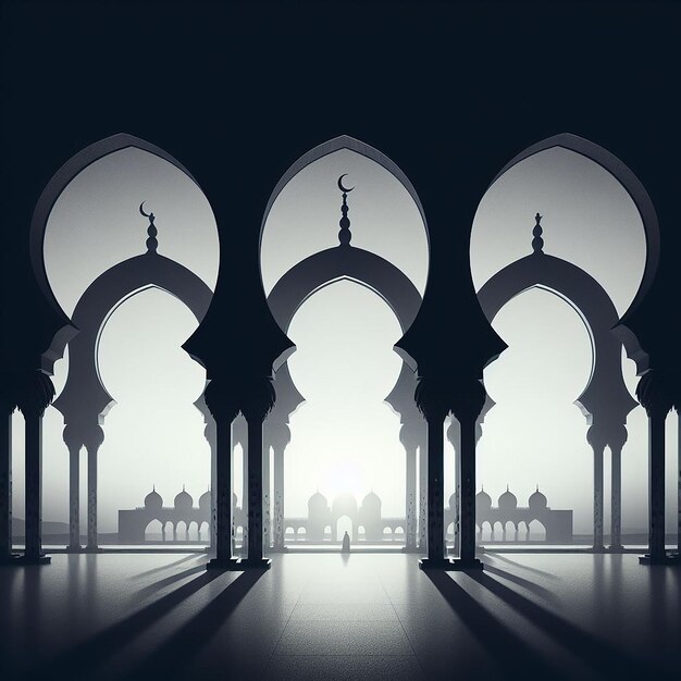 Silhouettes of Islamic Arches in Monochromatic Tone Against Gradient Sky for Serene Atmosphere