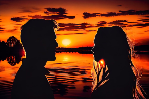 Silhouettes of a man and a girl at sunset Generative AI Generative AI