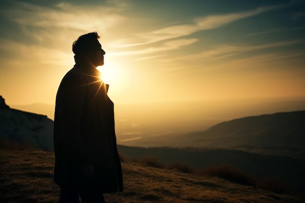 Silhouettes of man with his sun enjoying life sunlight in background