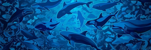 silhouettes of marine animals forming a seamless pattern blue monochromatic color scheme