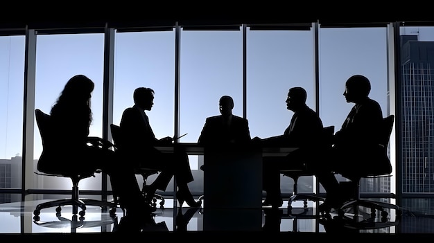 Silhouettes of men in a meeting room with a window behind them