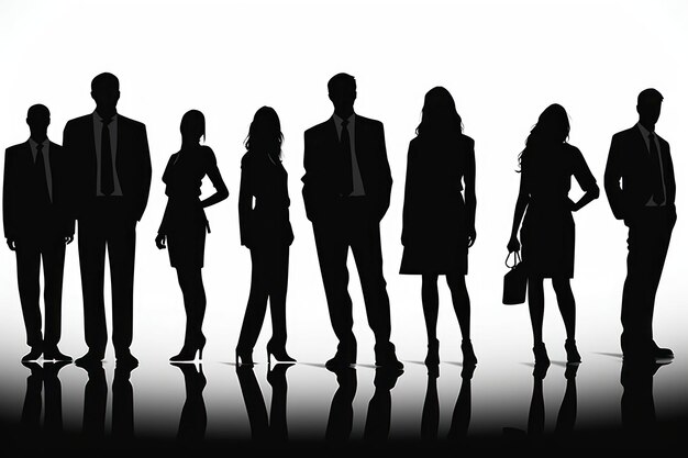 Photo silhouettes of men and women group of business people standing black color isolated on white backgr