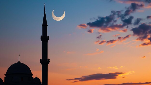 Silhouettes of mosque with moon Symbol of Islam on dome of mosque