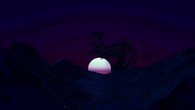 Silhouettes of mountains and a lonely tree at a dark sunset 3drendering