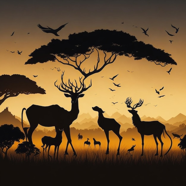 Silhouettes on nature backgrounds where theanimals interact such as in their natural habitats