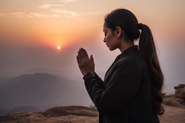 写真 夕暮れの祈りをしている女性のシルエット