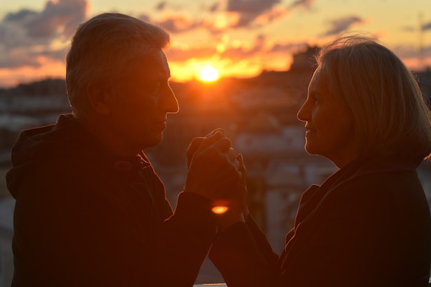 写真 夕焼け空に恋する老夫婦のシルエット