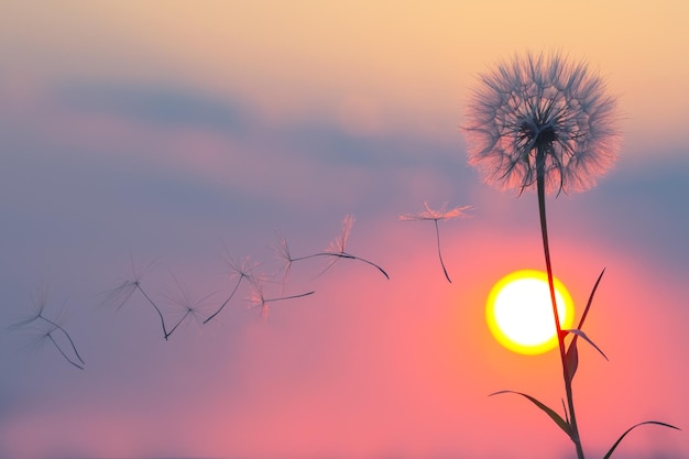 写真 夕焼け空と太陽の背景に飛んでいるタンポポの種のシルエット花の自然と植物学