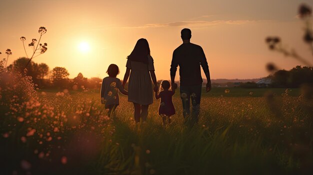 写真 夕暮れの草原で手をつなぐ幸せな家族のシルエット