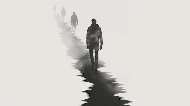 Фото Силуэты людей, идущих в туман с видной фигурой ближе всего