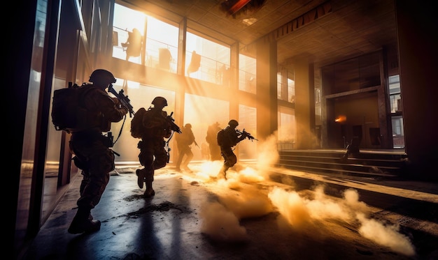 Фото Силуэты солдат с винтовками внутри большого офисного зала военный спецназ на миссии генеративный ии