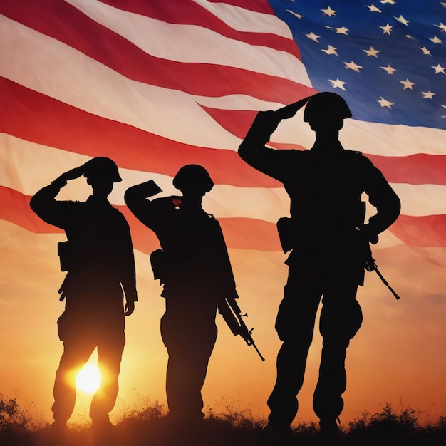 写真 アメリカ国旗に敬礼する兵士のシルエット