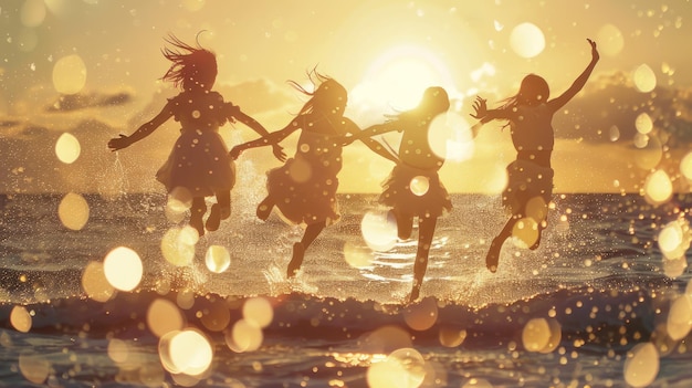写真 夕暮れを背景に一緒にジャンプする若い友人のシルエット 海の上のユーフォリアの黄金の時間