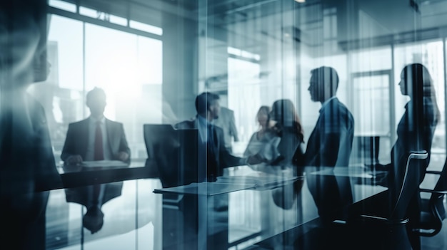 Photo silhouettes in office meeting with city view