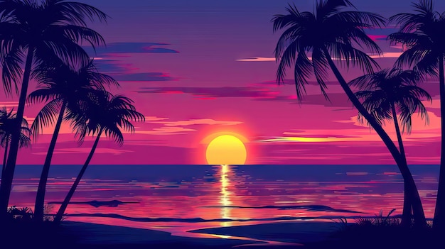 Silhouettes of palm trees and amazing cloudy sky on sunset at tropical beach with pink sky background for travel and vacation AI generated illustration
