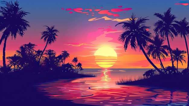 Silhouettes of palm trees and amazing cloudy sky on sunset at tropical beach with pink sky background for travel and vacation AI generated illustration