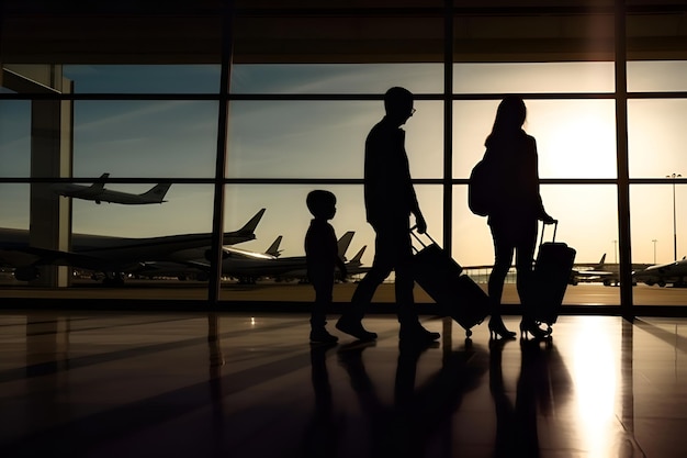 Silhouettes of people at the airport the family is going to board the plane Generative AI 2
