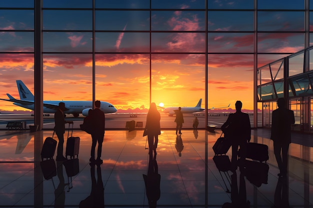 Silhouettes of people at airport hall some passengers with luggage airplane and sunset sky visible