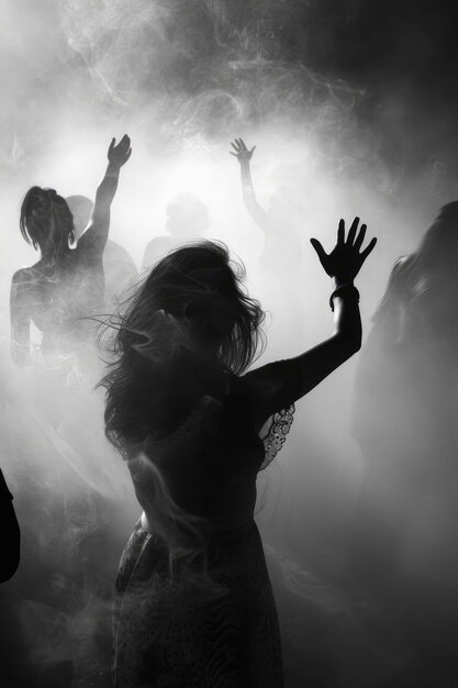 Silhouettes of people celebrating in the fog AI generated Image