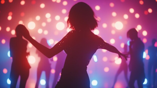 Силуэты людей, танцующих на фоне пульсирующих огней ночных клубов