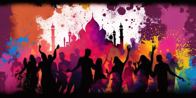 Silhouettes of people dancing in front of the mosque Vector illustration