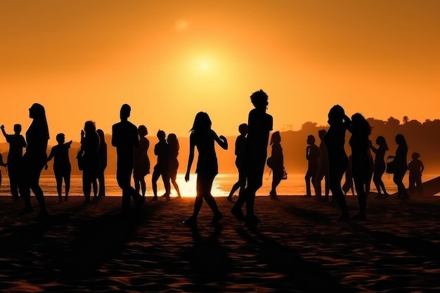 Silhouettes of People Dancing Summer Beach Party Concept