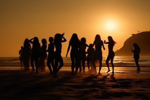 Silhouettes of People Dancing Summer Beach Party Concept