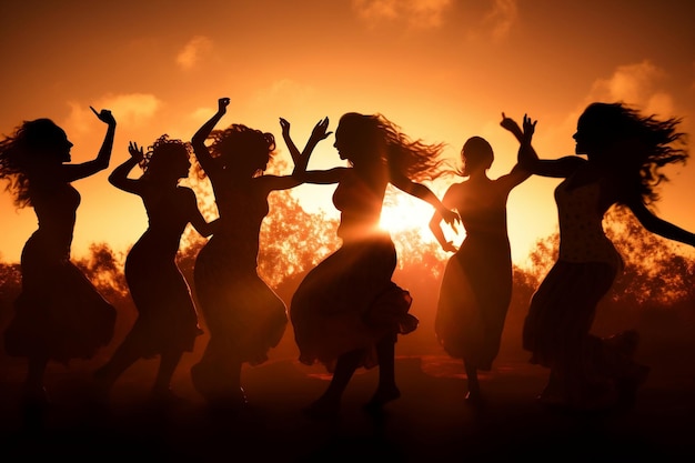 Silhouettes of people dancing at sunset Generative Ai