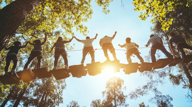 Photo silhouettes of people on an elevated ropes course in a forest
