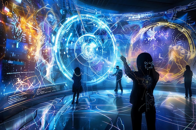 silhouettes of people exploring a futuristic interactive display