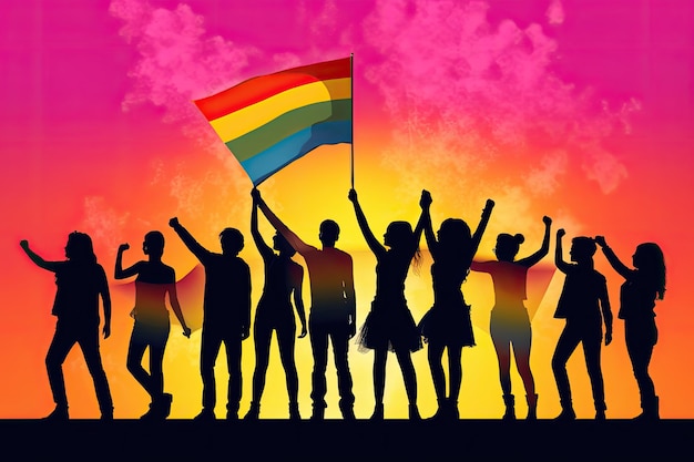Silhouettes of people holding a rainbow flag LGBTQ background
