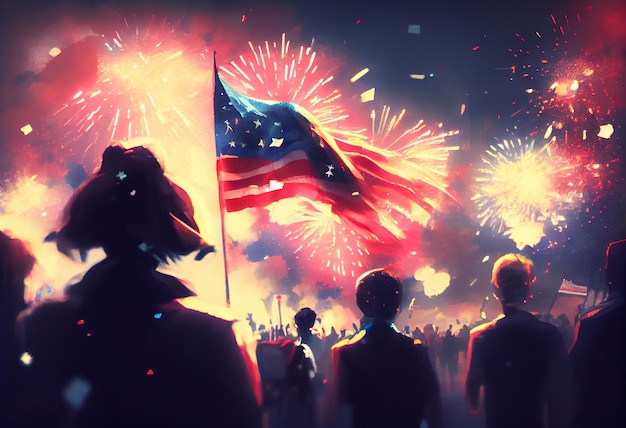 독립 기념일을 축하하는 미국 국기를 들고 있는 사람들의 실루엣 Generative AI